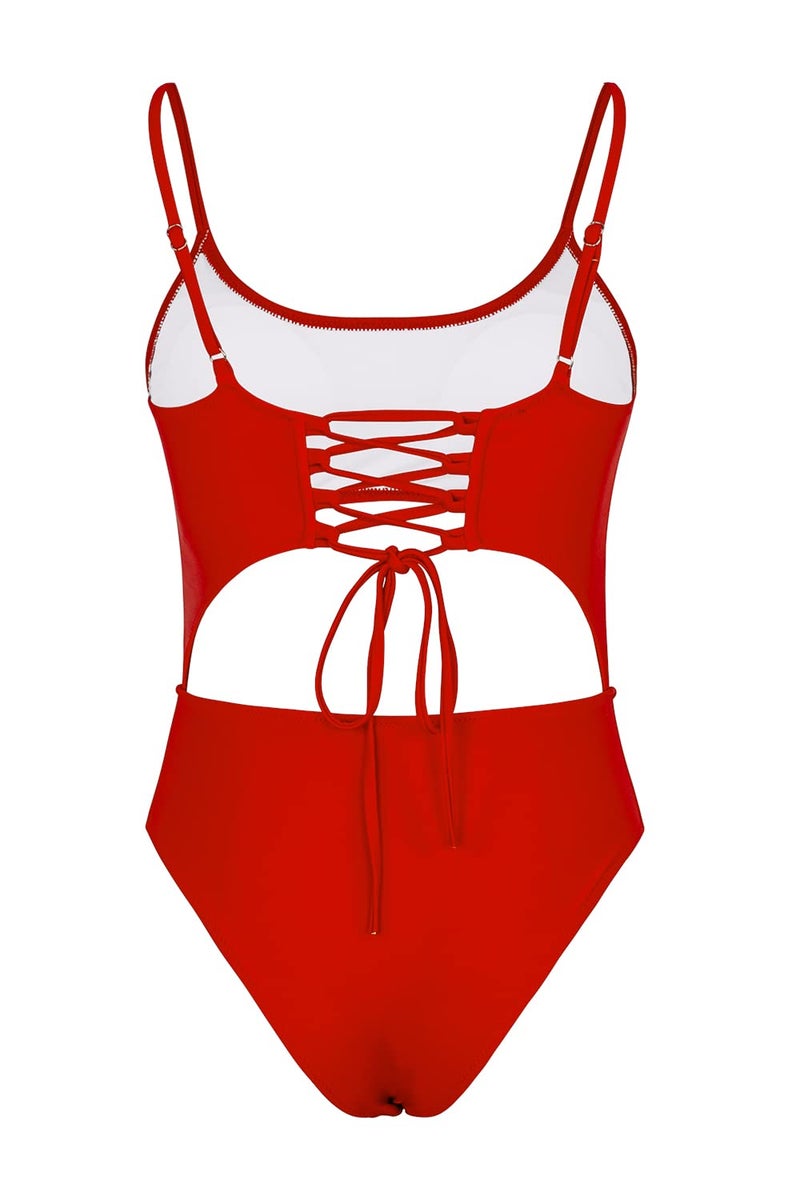 Meyeeka Athletic One Piece Swimsuit for Women Scoop Neck High Cut Bandage Strappy Monokini Red M - Image 5